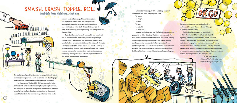 Two pages from Smash Crash Topple Roll by Catherine Thimmesh and Shanda McCloskey